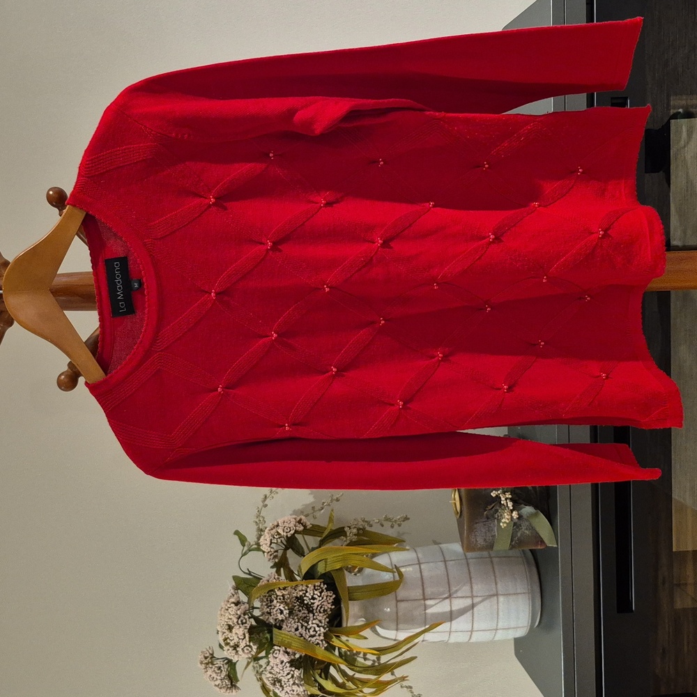LA MADONA, red, long sleeve sweater, crew neck, bead clusters, party, medium.